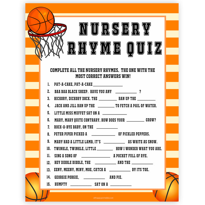 Basketball baby shower games, nursery rhyme quiz baby game, printable baby games, basket baby games, baby shower games, basketball baby shower idea, fun baby games, popular baby games