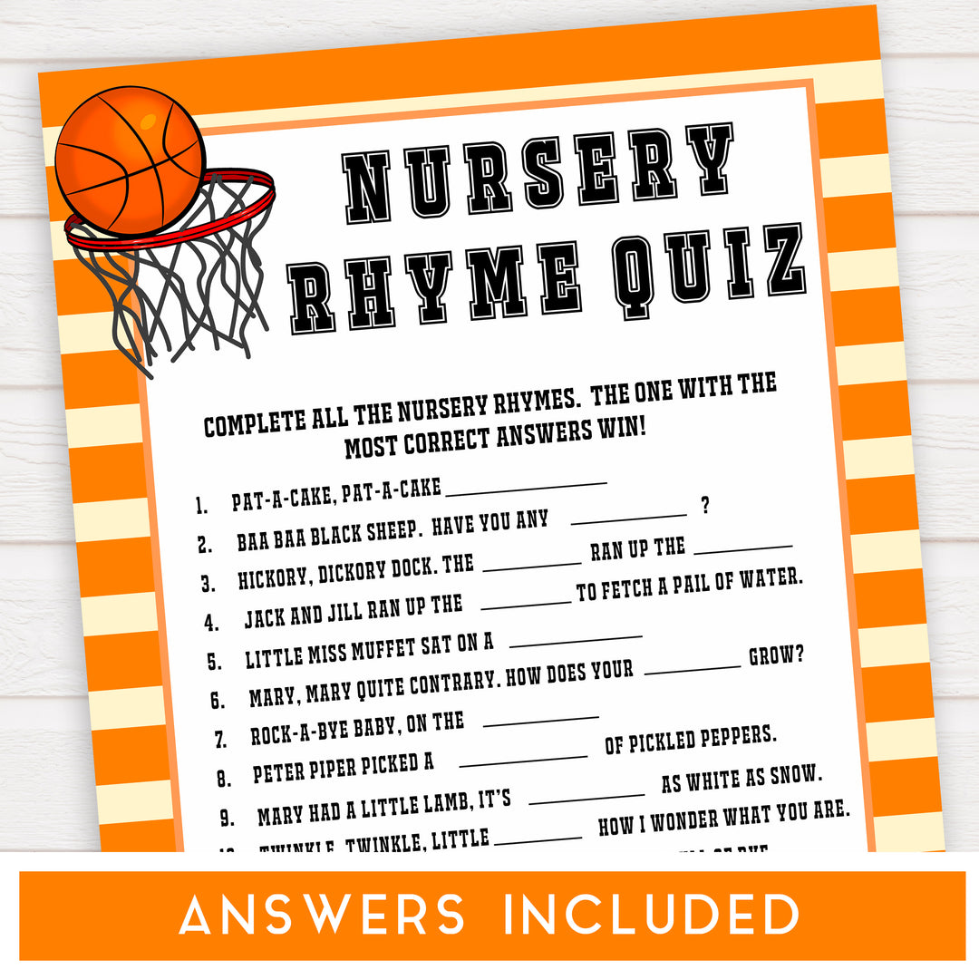 Basketball baby shower games, nursery rhyme quiz baby game, printable baby games, basket baby games, baby shower games, basketball baby shower idea, fun baby games, popular baby games