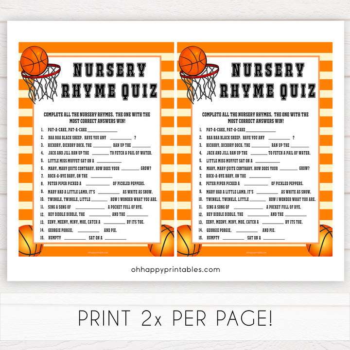 Basketball baby shower games, nursery rhyme quiz baby game, printable baby games, basket baby games, baby shower games, basketball baby shower idea, fun baby games, popular baby games