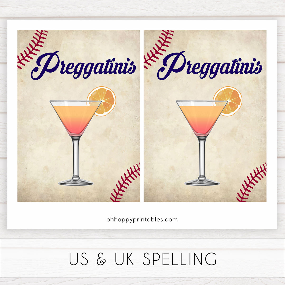 Preggatinis baby sign, Baseball baby signs, baseball baby decor, printable baby shower decor, fun baby decor, baby food signs, printable baby shower ideas