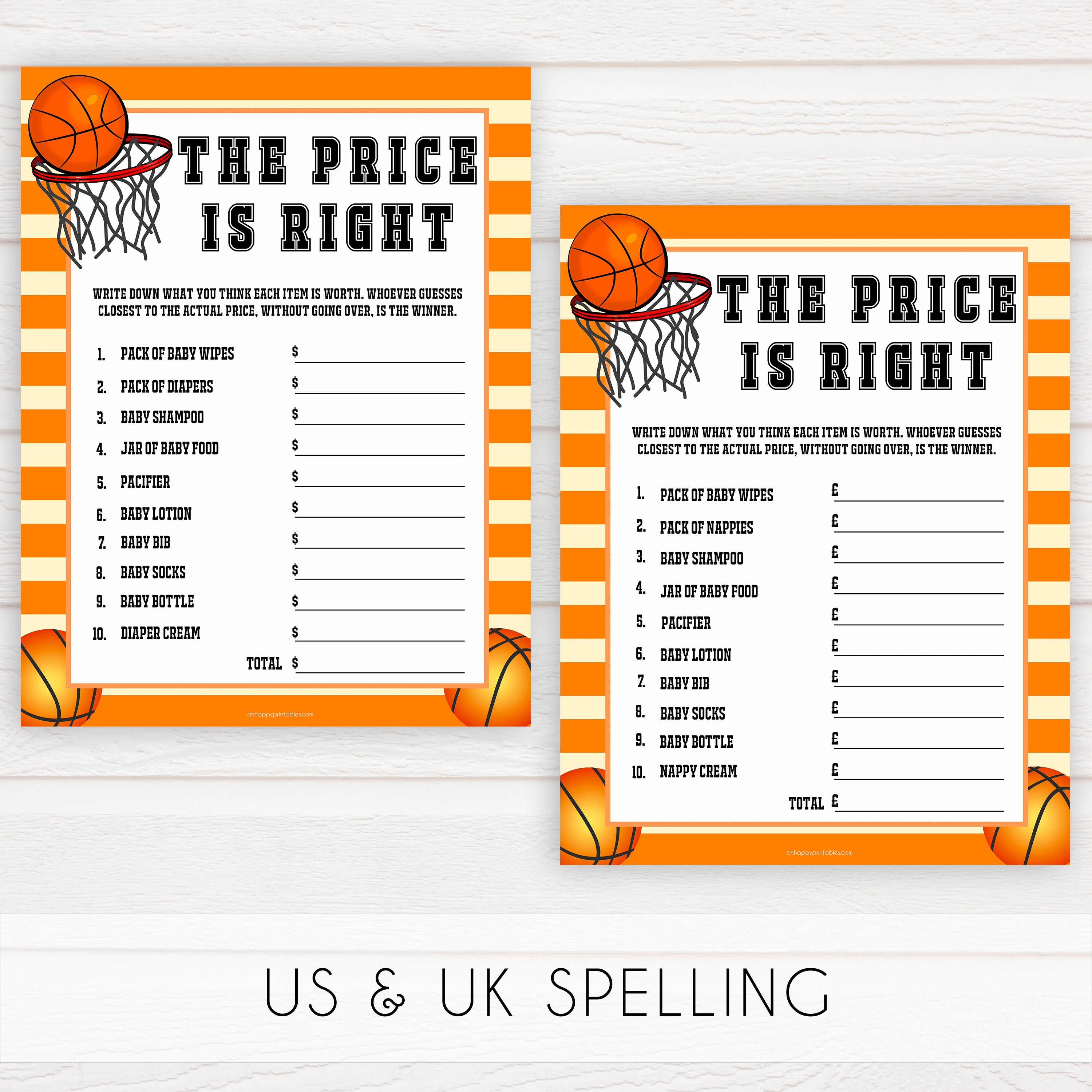 Basketball baby shower games, the price is right baby game, printable baby games, basket baby games, baby shower games, basketball baby shower idea, fun baby games, popular baby games