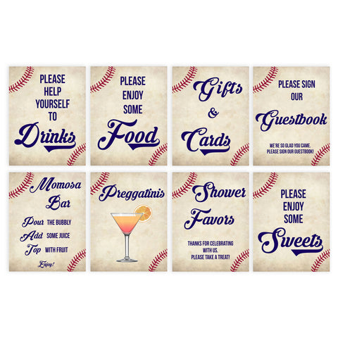 8 baby shower signs, 8 baby shower table signs, Baseball baby signs, baseball baby decor, printable baby shower decor, fun baby decor, baby food signs, printable baby shower ideas