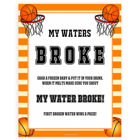 Basketball baby shower games, my waters broke baby game, printable baby games, basket baby games, baby shower games, basketball baby shower idea, fun baby games, popular baby games