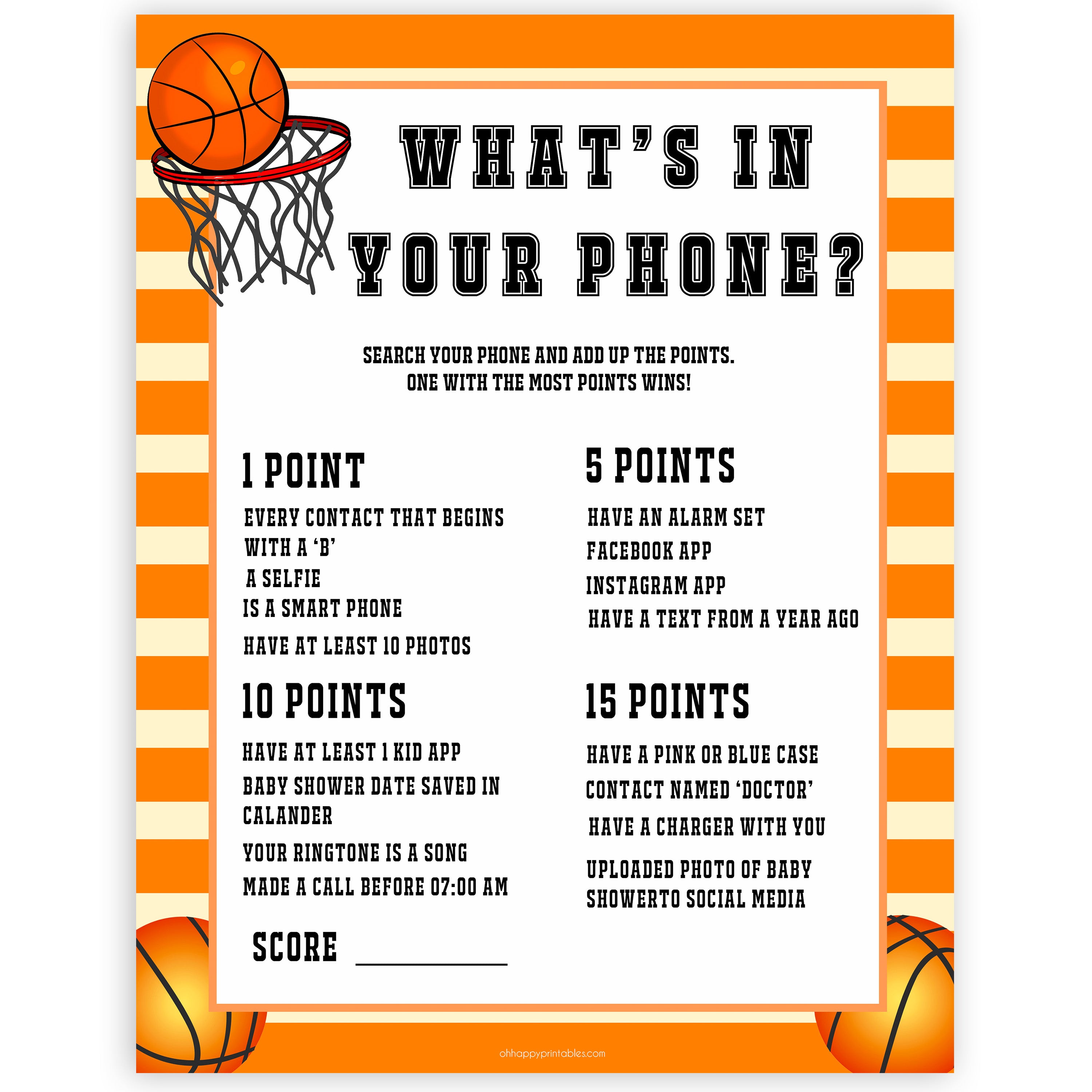 Basketball baby shower games, whats in your phone baby game, printable baby games, basket baby games, baby shower games, basketball baby shower idea, fun baby games, popular baby games