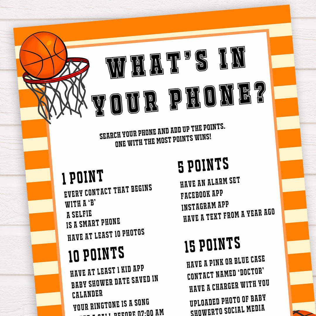 Basketball baby shower games, whats in your phone baby game, printable baby games, basket baby games, baby shower games, basketball baby shower idea, fun baby games, popular baby games