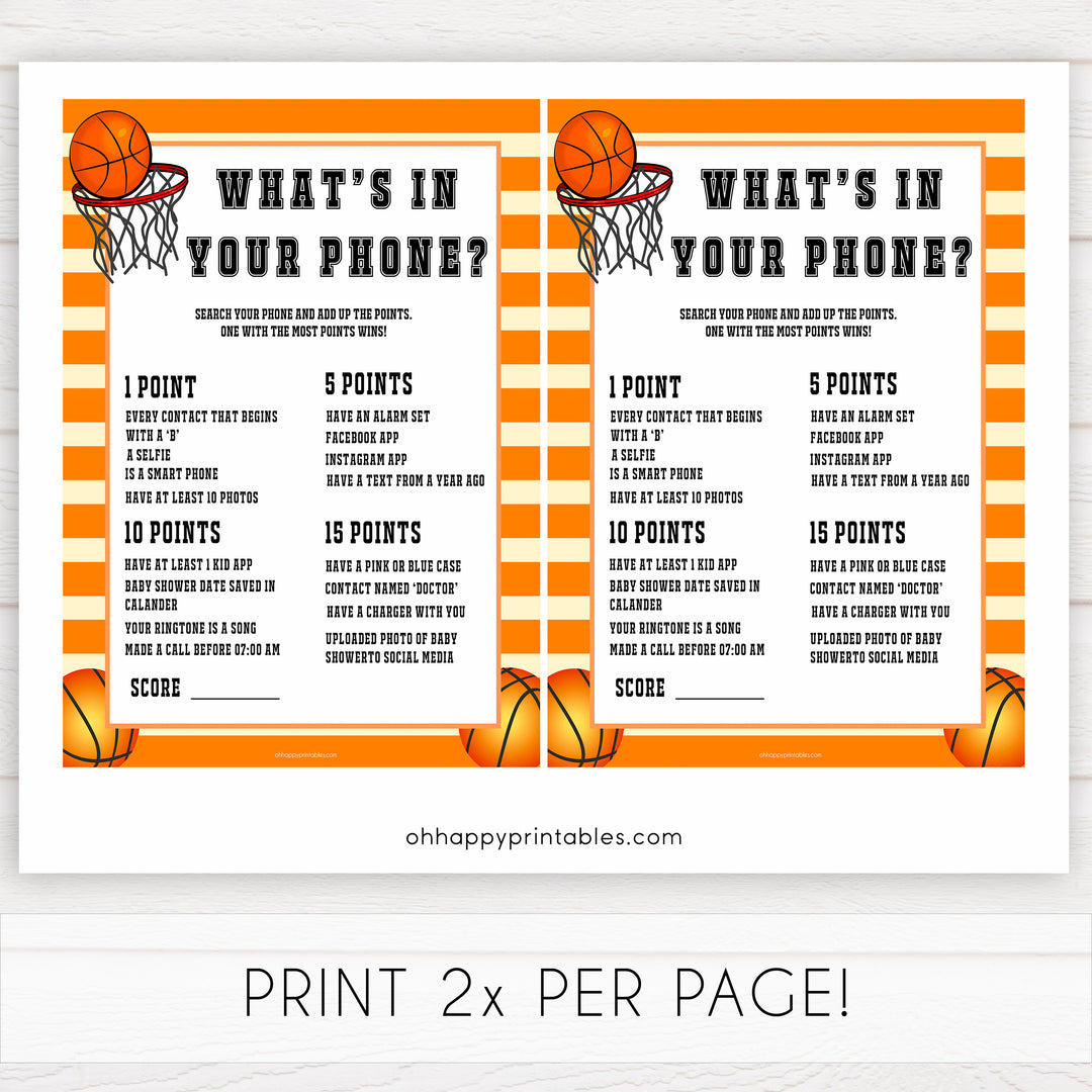 Basketball baby shower games, whats in your phone baby game, printable baby games, basket baby games, baby shower games, basketball baby shower idea, fun baby games, popular baby games