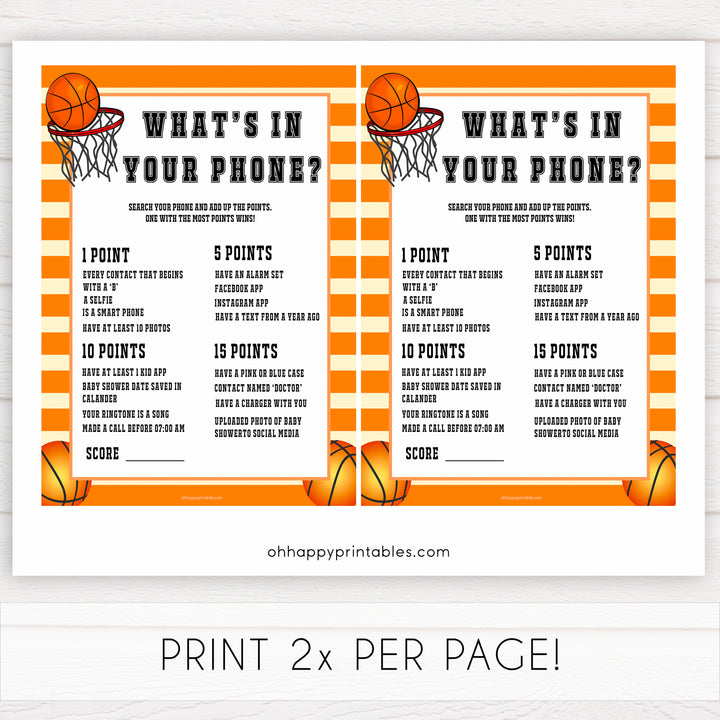 Basketball baby shower games, whats in your phone baby game, printable baby games, basket baby games, baby shower games, basketball baby shower idea, fun baby games, popular baby games