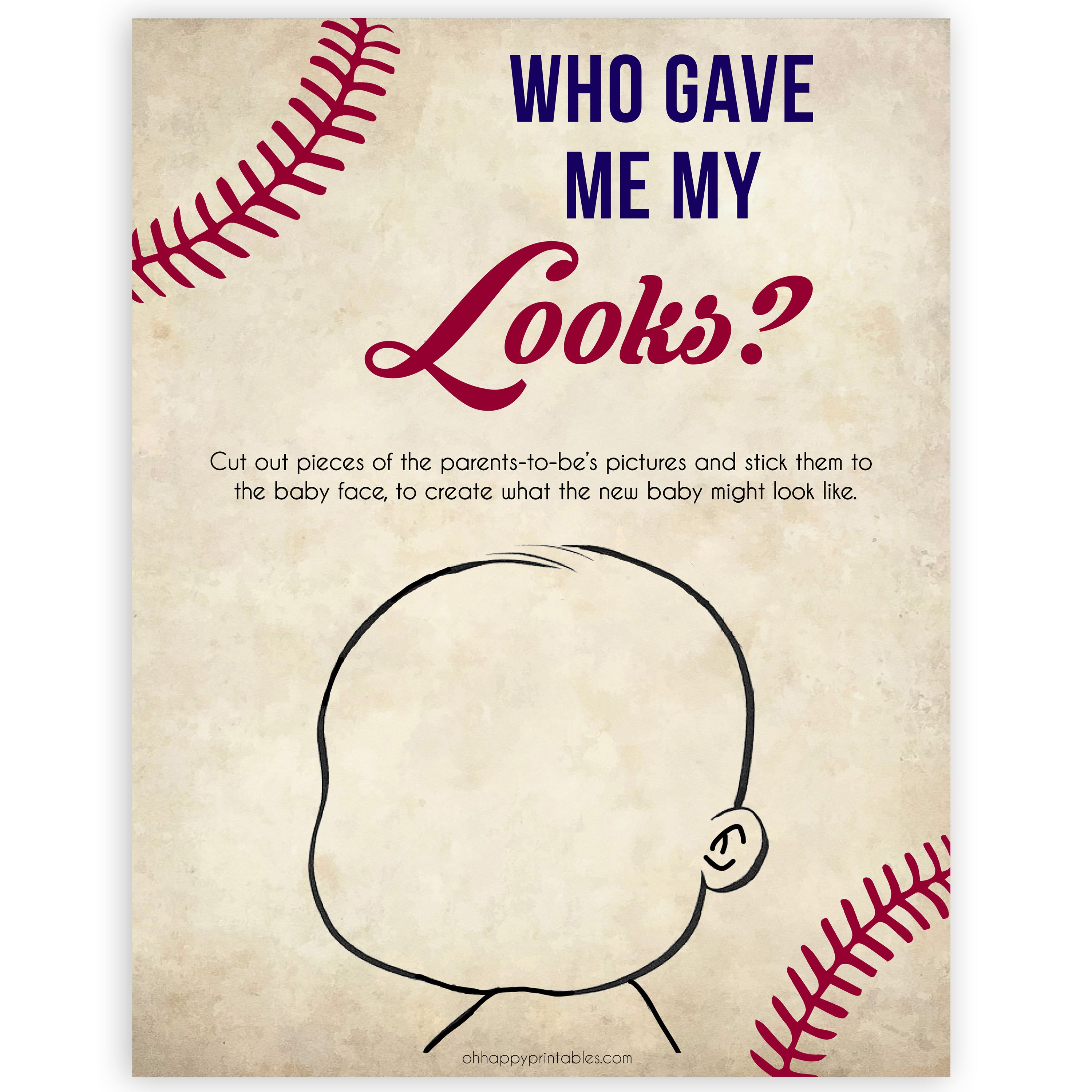 baseball theme baby shower games, who gave me my looks, what will baby look like, printable baby shower games, fun baby shower games, popular baby shower games