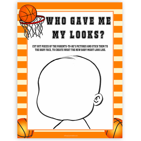 Basketball baby shower games, who gave me my looks baby game, printable baby games, basket baby games, baby shower games, basketball baby shower idea, fun baby games, popular baby games