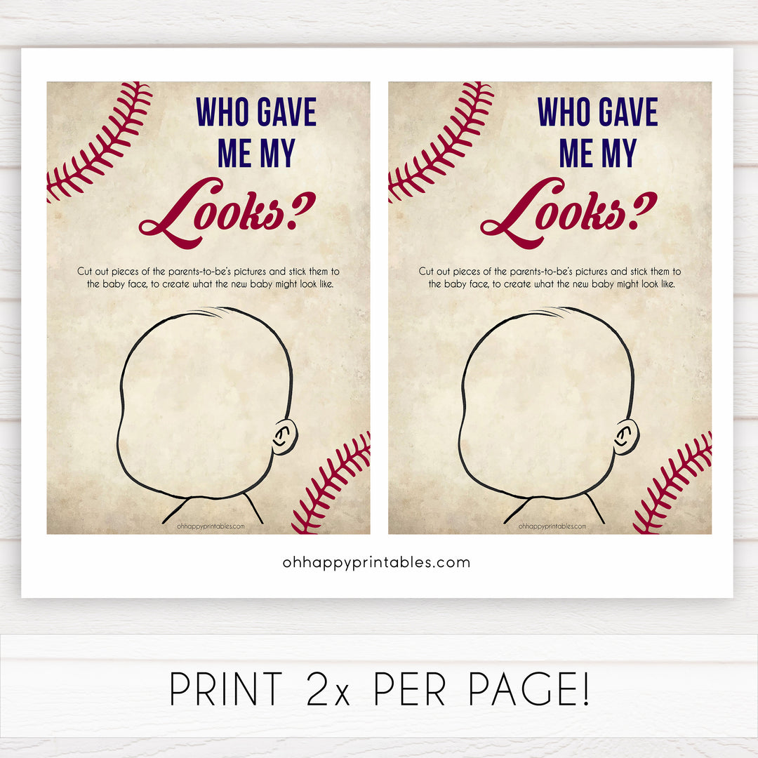 baseball theme baby shower games, who gave me my looks, what will baby look like, printable baby shower games, fun baby shower games, popular baby shower games