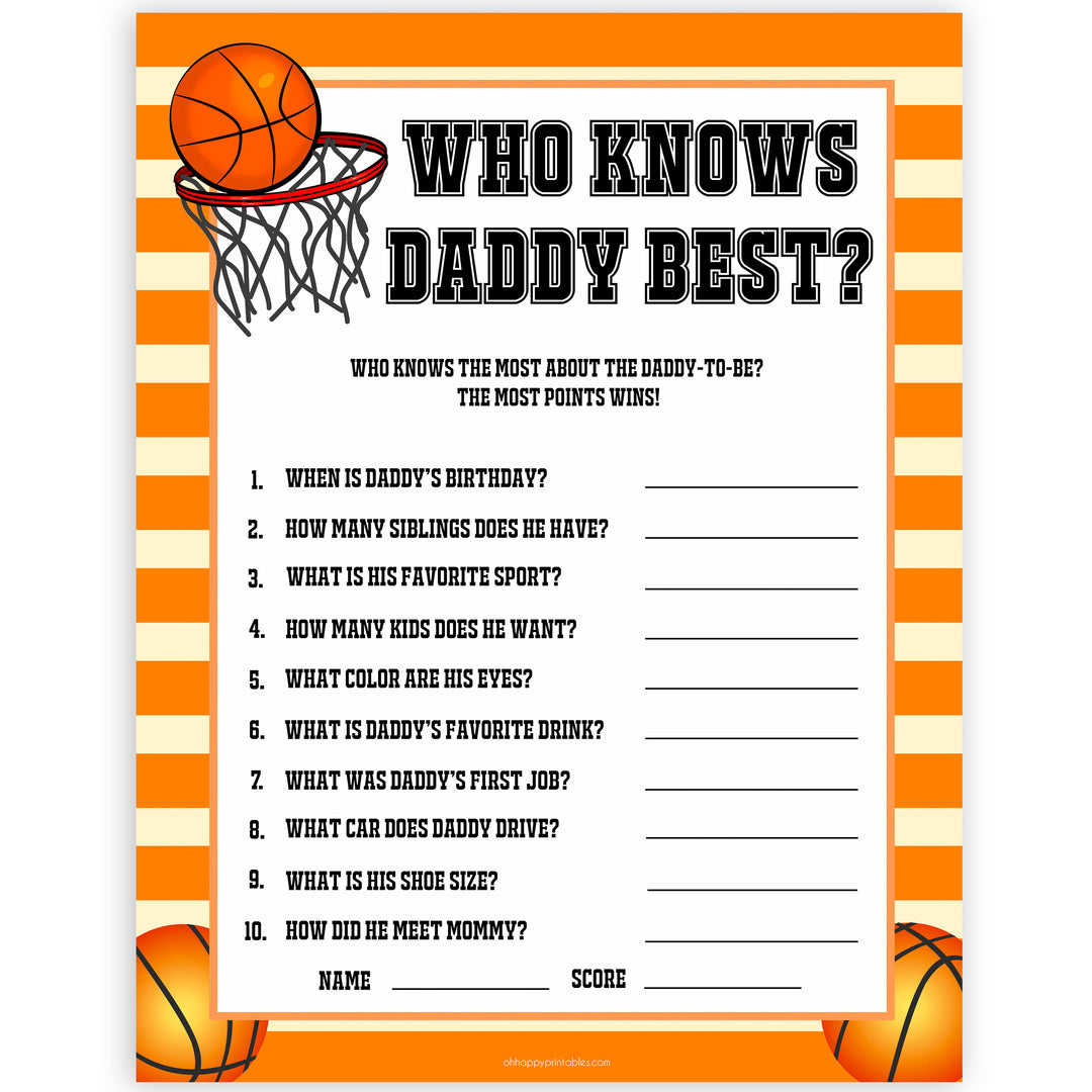 Basketball baby shower games, who knows daddy best baby game, printable baby games, basket baby games, baby shower games, basketball baby shower idea, fun baby games, popular baby games