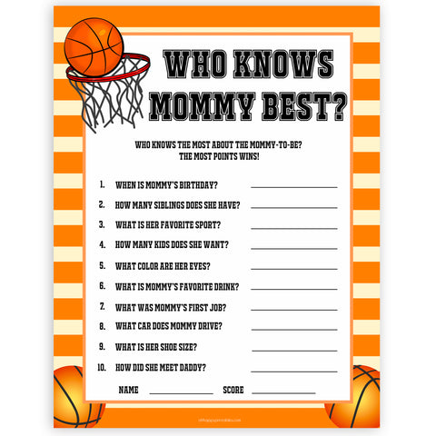 Basketball baby shower games, who knows mummy best, who knows mommy best baby game, printable baby games, basket baby games, baby shower games, basketball baby shower idea, fun baby games, popular baby games