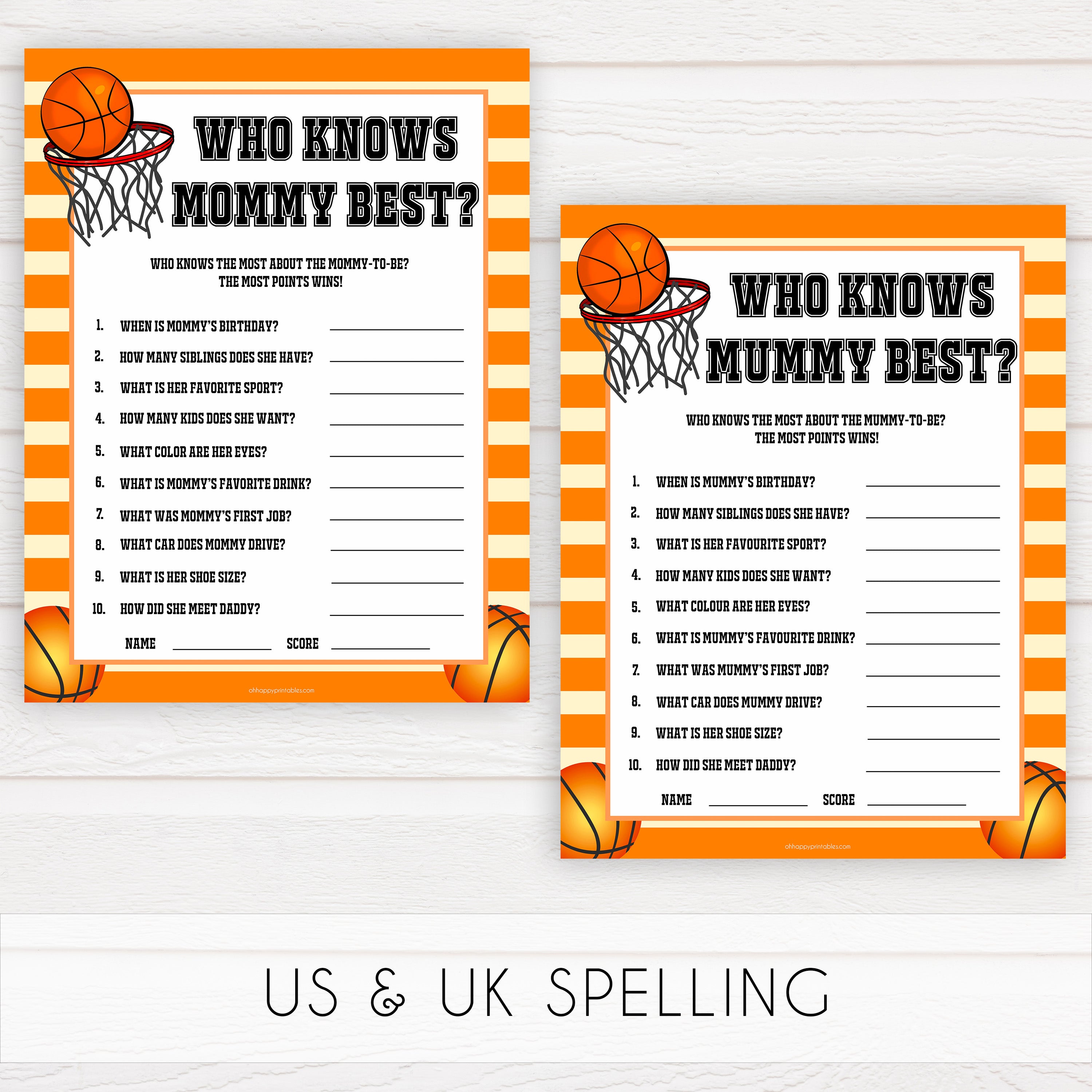 Basketball baby shower games, who knows mummy best, who knows mommy best baby game, printable baby games, basket baby games, baby shower games, basketball baby shower idea, fun baby games, popular baby games