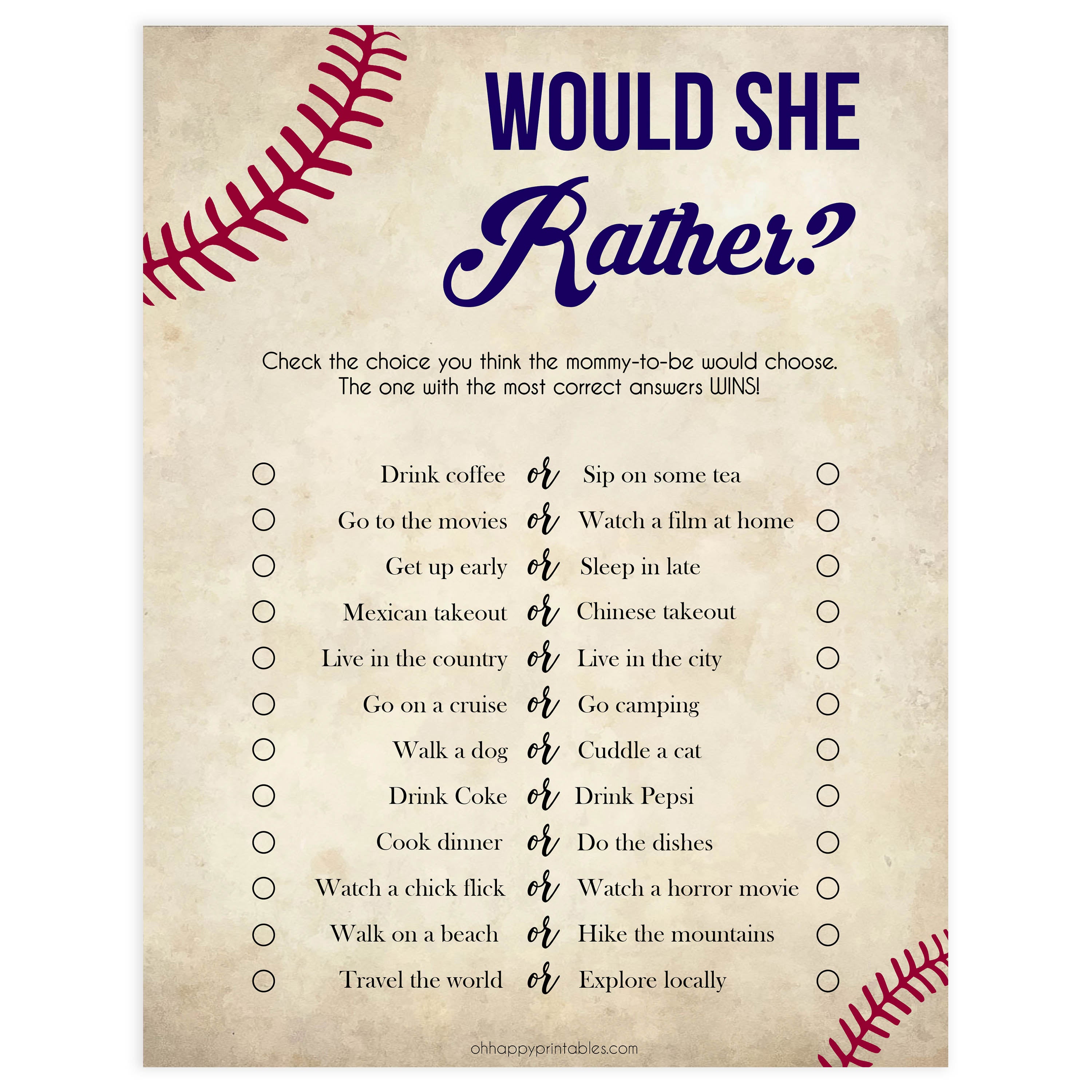 baby would she rather game, Baseball baby shower games, printable baby shower games, fun baby shower games, top baby shower ideas, little slugger baby games