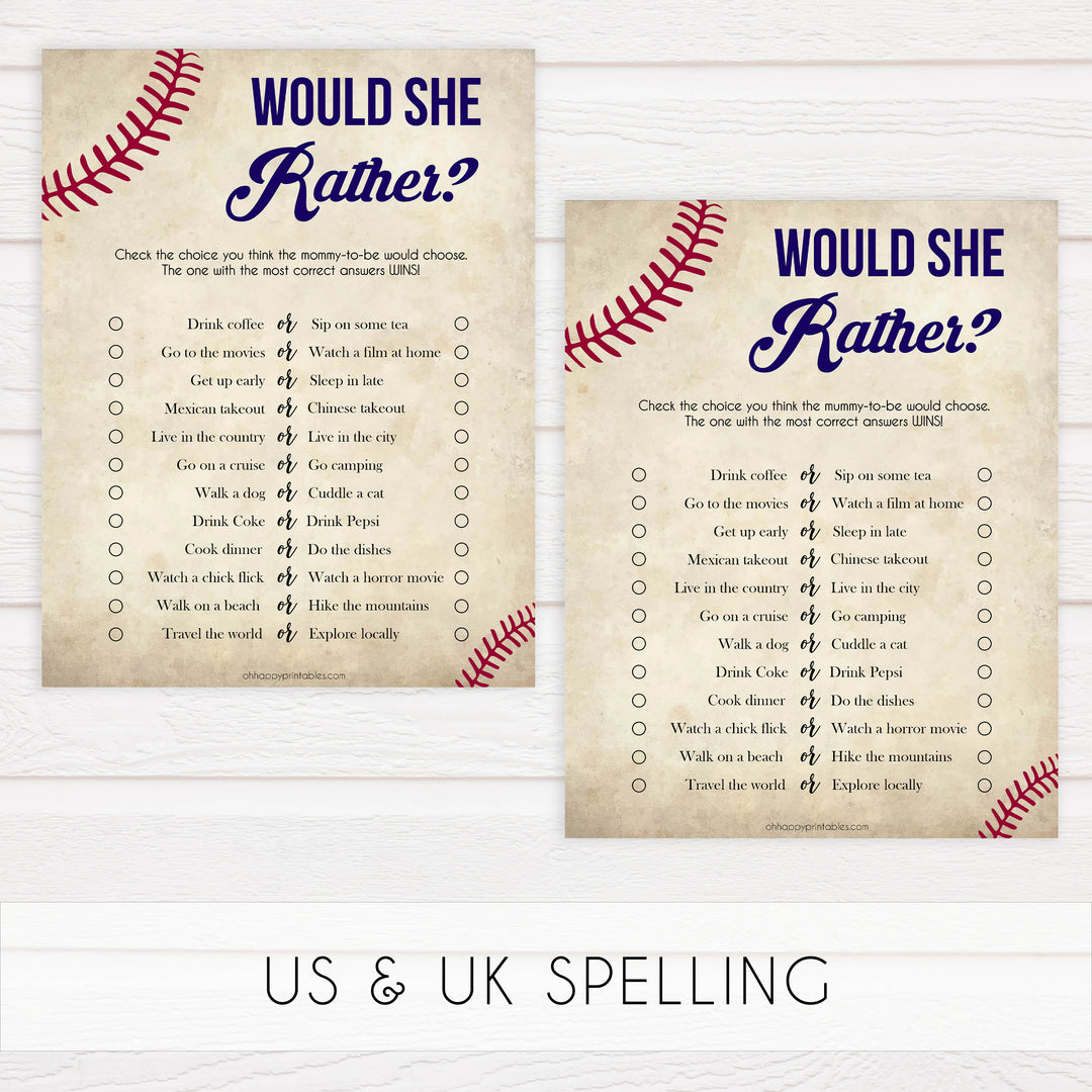 baby would she rather game, Baseball baby shower games, printable baby shower games, fun baby shower games, top baby shower ideas, little slugger baby games