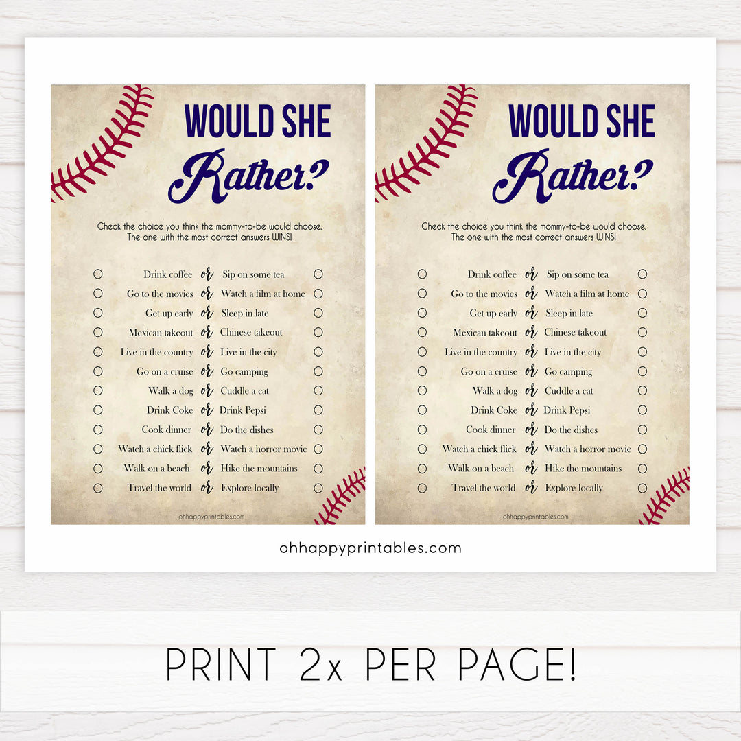 baby would she rather game, Baseball baby shower games, printable baby shower games, fun baby shower games, top baby shower ideas, little slugger baby games
