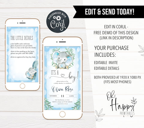 editable baby shower invitations, little peanut baby shower invitation, blue elephant baby shower, printable baby shower invitation, elephant baby shower theme 