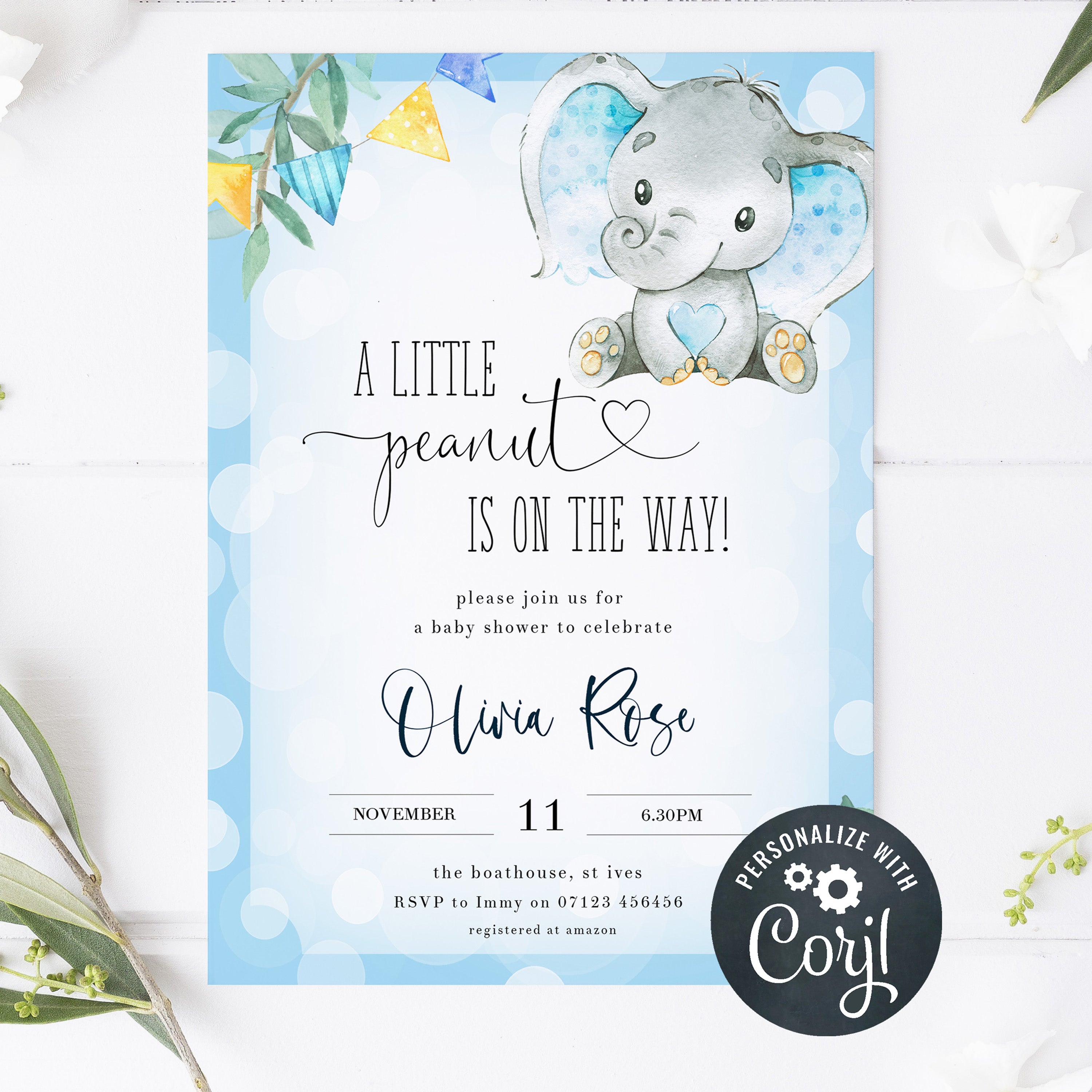 editable baby shower invitations, little peanut baby shower invitation, blue elephant baby shower, printable baby shower invitation, elephant baby shower theme 