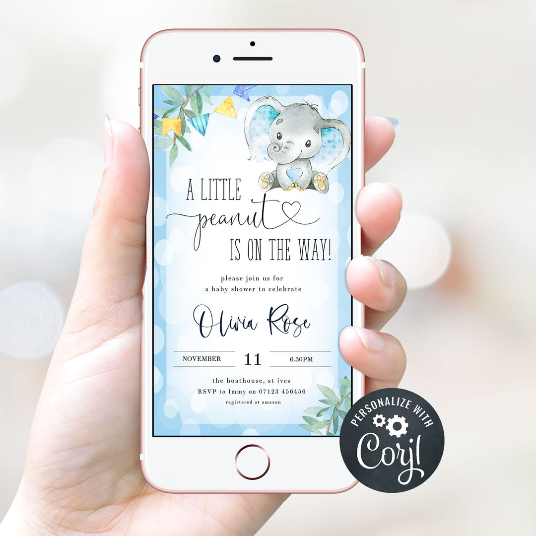 editable baby shower invitations, little peanut baby shower invitation, blue elephant baby shower, printable baby shower invitation, elephant baby shower theme 