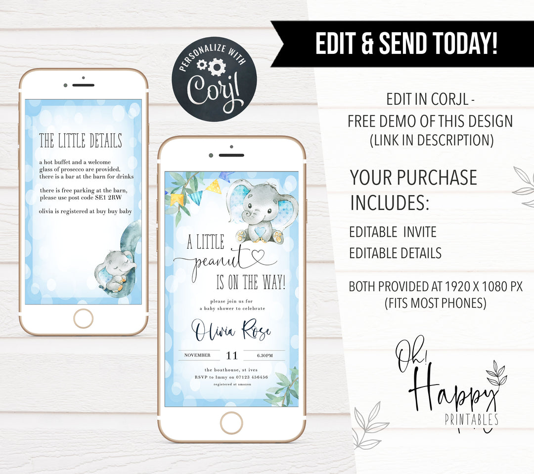 editable baby shower invitations, little peanut baby shower invitation, blue elephant baby shower, printable baby shower invitation, elephant baby shower theme 