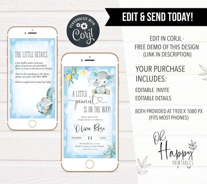 editable baby shower invitations, little peanut baby shower invitation, blue elephant baby shower, printable baby shower invitation, elephant baby shower theme 