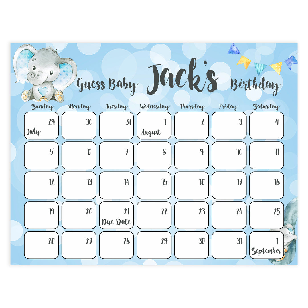 guess the baby birthday game, baby birthday predictions game, blue elephant baby game, fun baby shower games