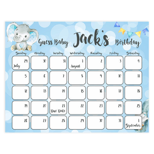 guess the baby birthday game, baby birthday predictions game, blue elephant baby game, fun baby shower games