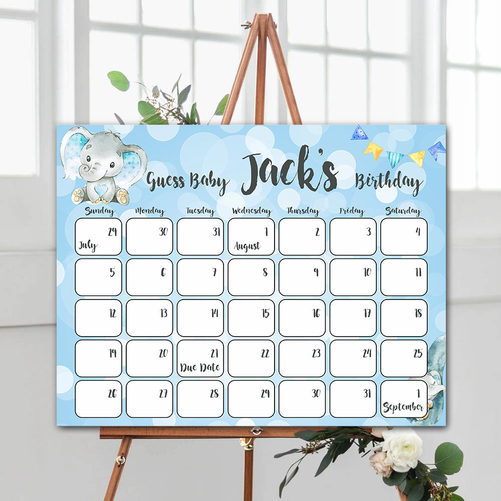 guess the baby birthday game, baby birthday predictions game, blue elephant baby game, fun baby shower games