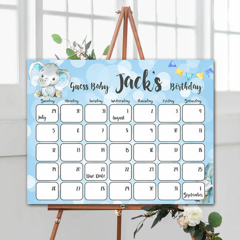 guess the baby birthday game, baby birthday predictions game, blue elephant baby game, fun baby shower games