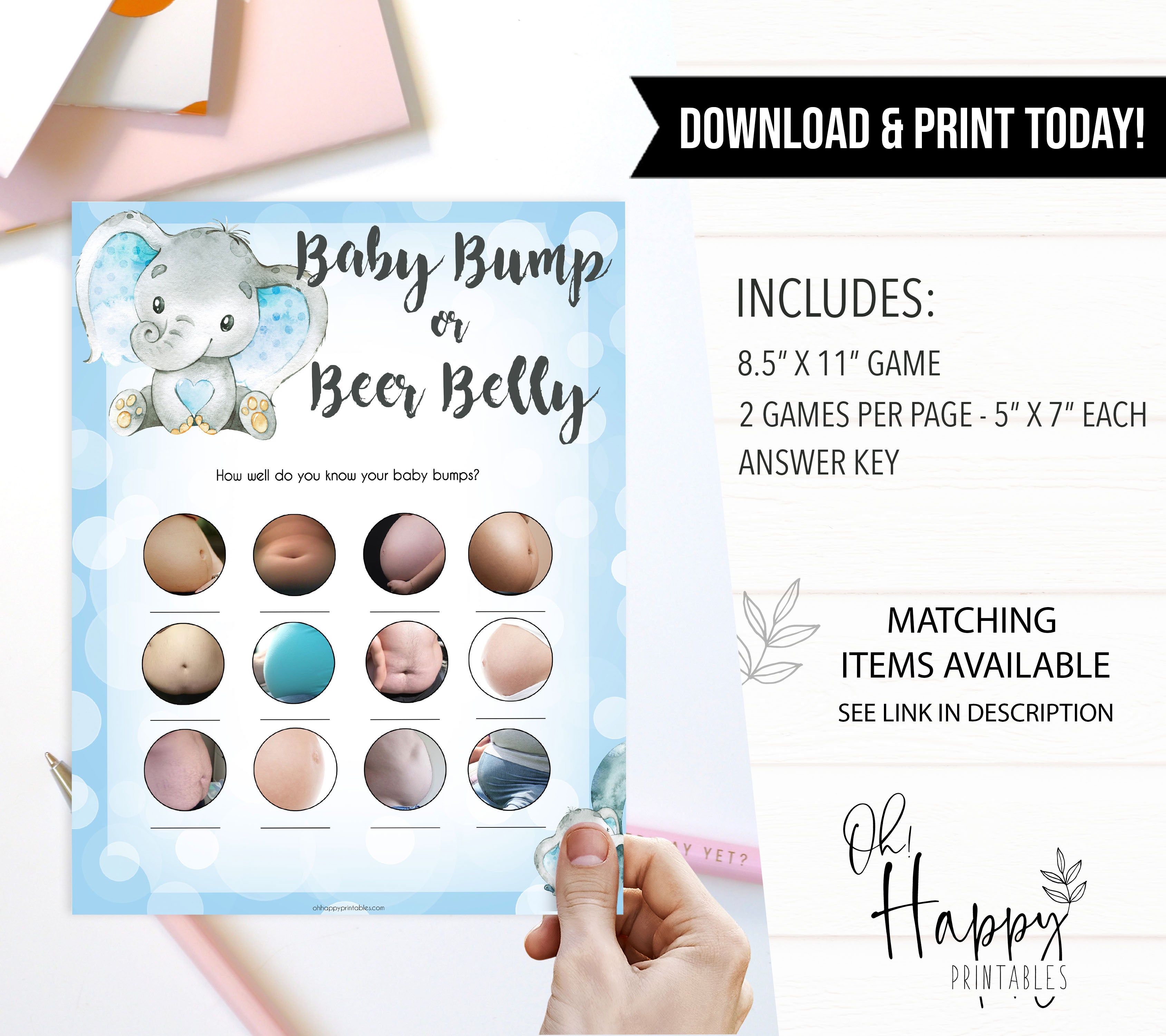 Blue elephant baby games, baby bump and beer belly, elephant baby games, printable baby games, top baby games, best baby shower games, baby shower ideas, fun baby games, elephant baby shower