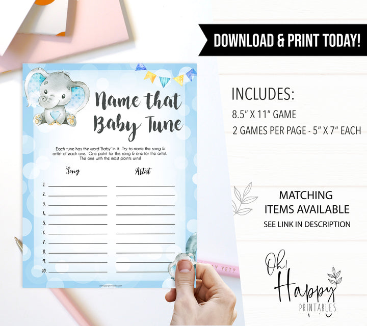 Blue elephant baby games, name that baby tune, elephant baby games, printable baby games, top baby games, best baby shower games, baby shower ideas, fun baby games, elephant baby shower