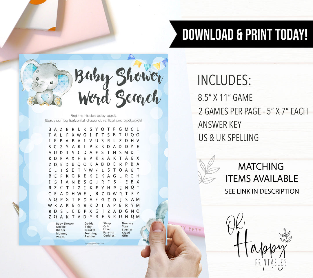 Blue elephant baby games, baby shower word search, elephant baby games, printable baby games, top baby games, best baby shower games, baby shower ideas, fun baby games, elephant baby shower
