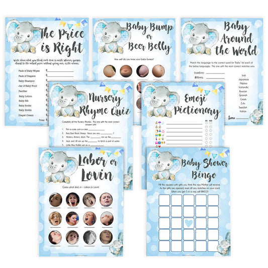 Blue elephant baby games, 7 baby shower games pack, elephant baby games, printable baby games, top baby games, best baby shower games, baby shower ideas, fun baby games, elephant baby shower