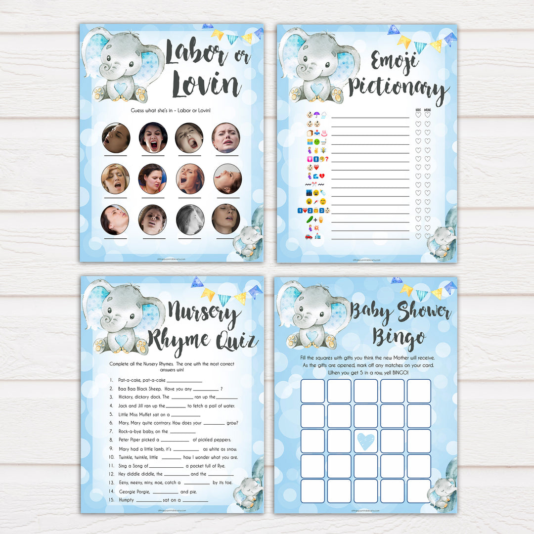 Blue elephant baby games, 7 baby shower games pack, elephant baby games, printable baby games, top baby games, best baby shower games, baby shower ideas, fun baby games, elephant baby shower