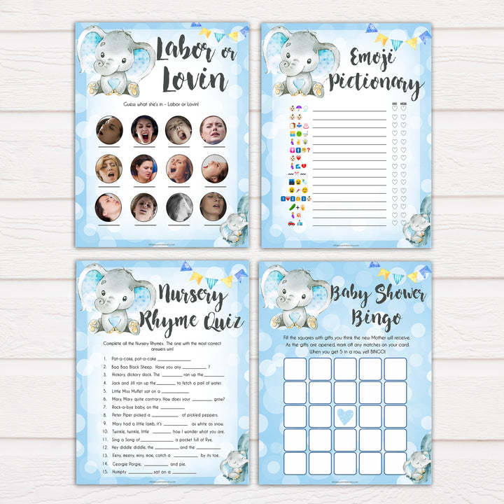 Blue elephant baby games, 7 baby shower games pack, elephant baby games, printable baby games, top baby games, best baby shower games, baby shower ideas, fun baby games, elephant baby shower