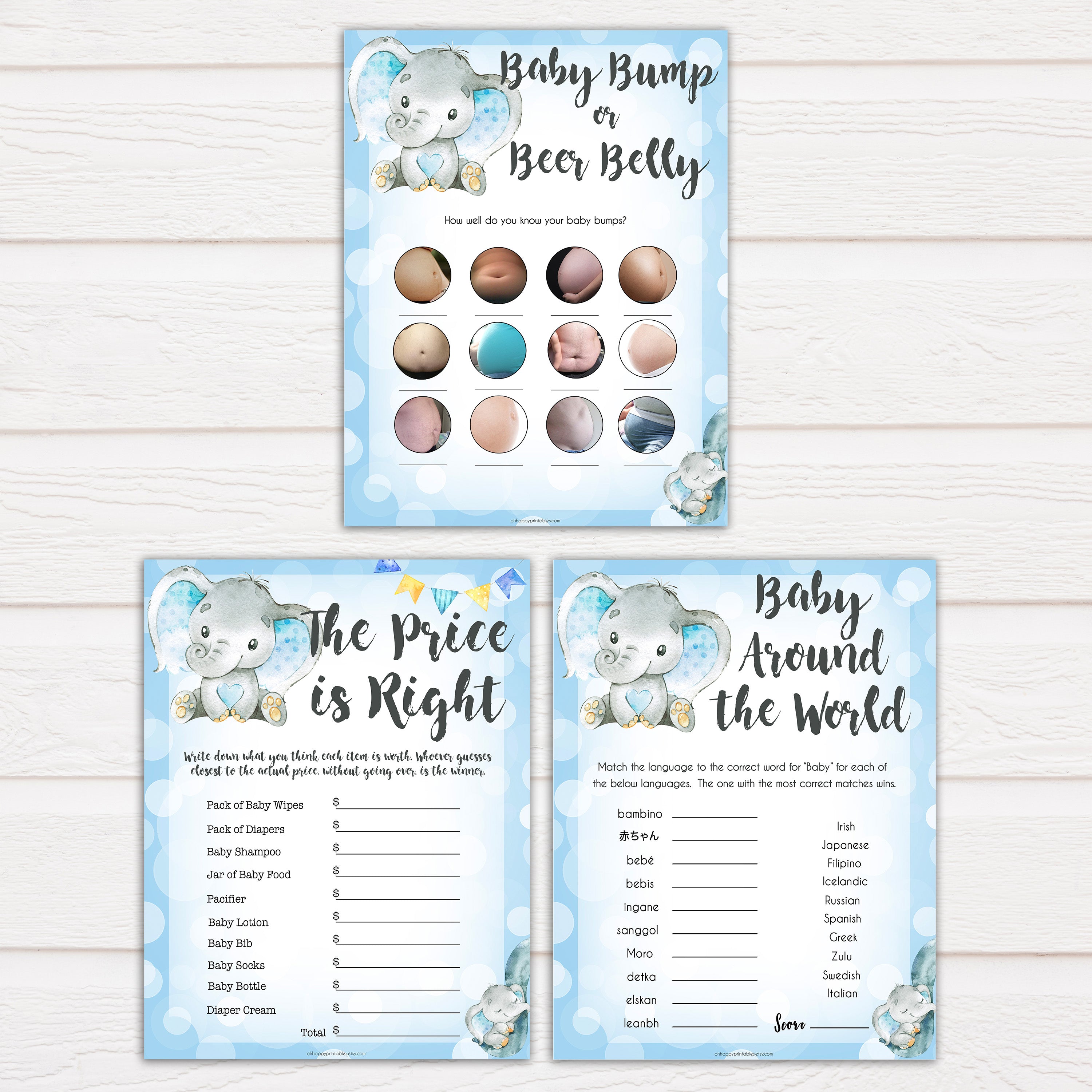 Blue elephant baby games, 7 baby shower games pack, elephant baby games, printable baby games, top baby games, best baby shower games, baby shower ideas, fun baby games, elephant baby shower