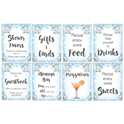 8 baby shower signs, 8 baby shower table signs, Blue elephant baby decor, printable baby table signs, printable baby decor, blue table signs, fun baby signs, fun baby table signs