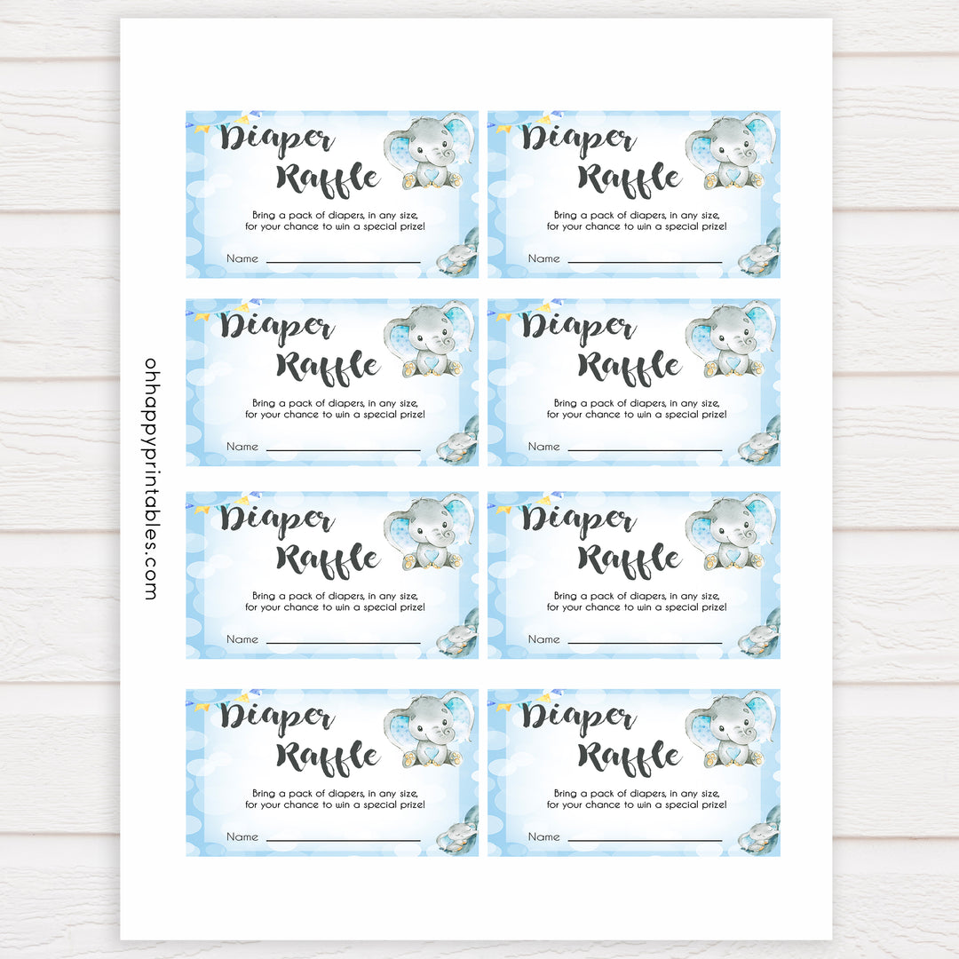Blue elephant baby games, diaper raffle, elephant baby games, printable baby games, top baby games, best baby shower games, baby shower ideas, fun baby games, elephant baby shower
