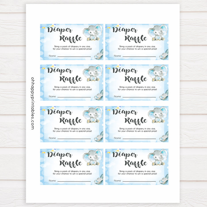 Blue elephant baby games, diaper raffle, elephant baby games, printable baby games, top baby games, best baby shower games, baby shower ideas, fun baby games, elephant baby shower
