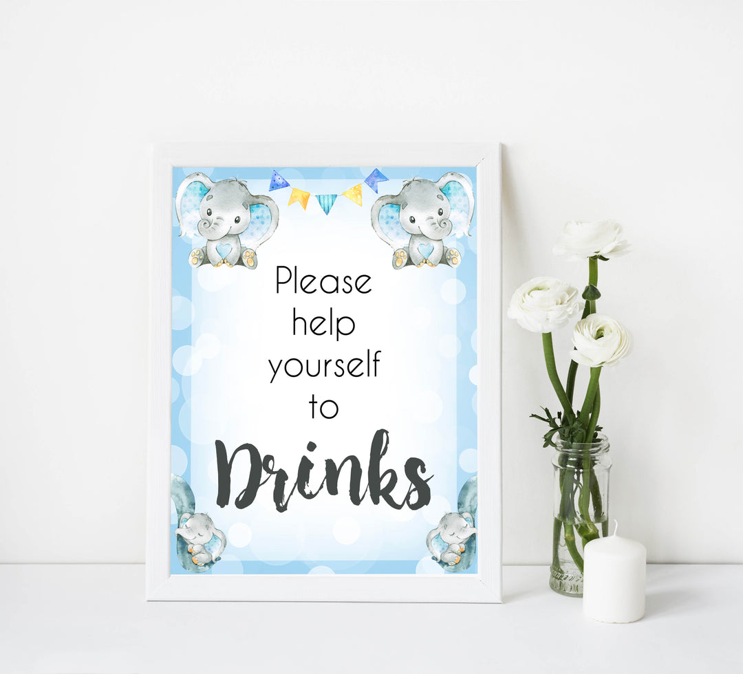 drinks baby table signs, drinks baby signs, Blue elephant baby decor, printable baby table signs, printable baby decor, blue table signs, fun baby signs, fun baby table signs