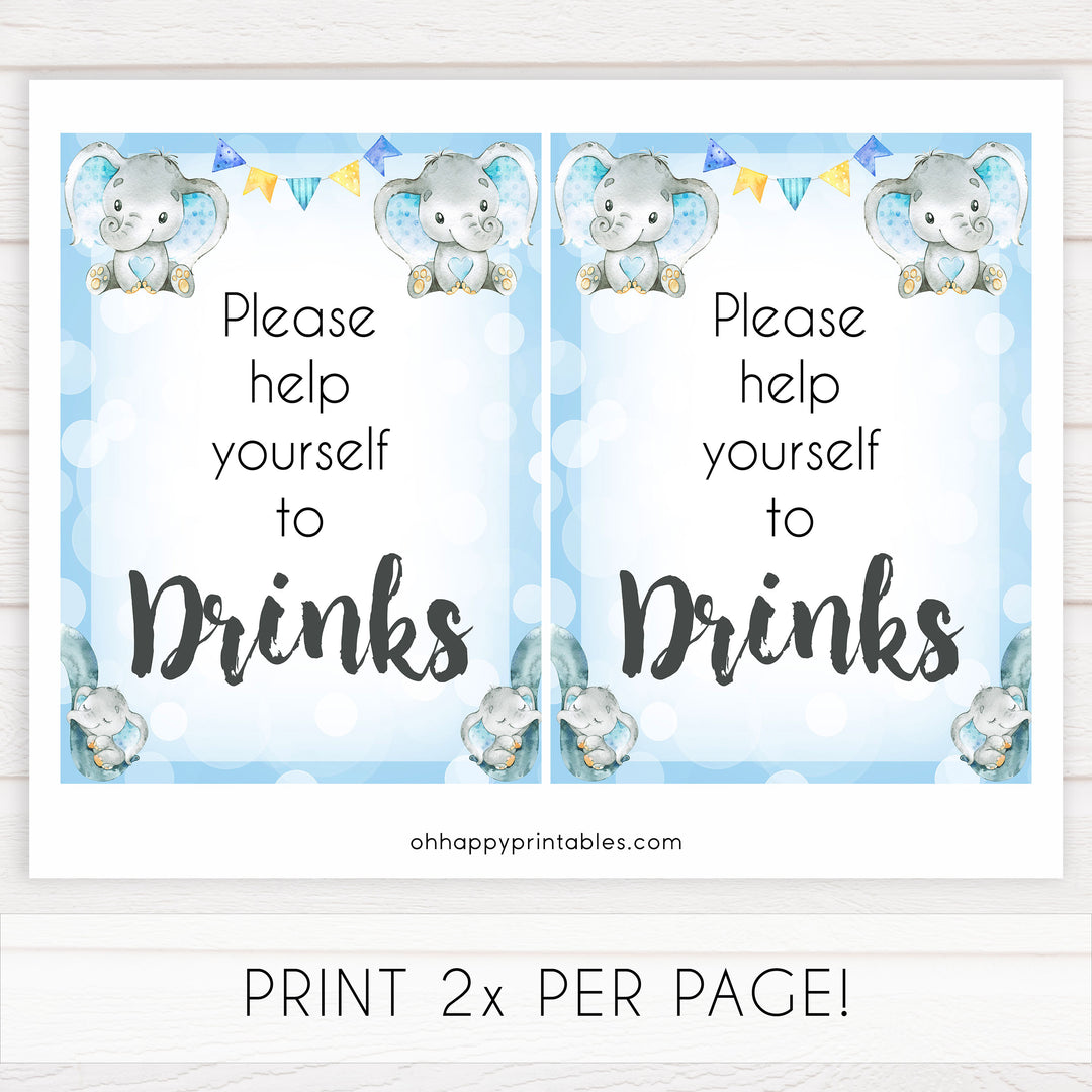 drinks baby table signs, drinks baby signs, Blue elephant baby decor, printable baby table signs, printable baby decor, blue table signs, fun baby signs, fun baby table signs