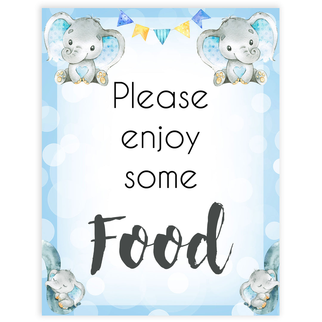 food baby table signs, food baby signs, Blue elephant baby decor, printable baby table signs, printable baby decor, blue table signs, fun baby signs, fun baby table signs