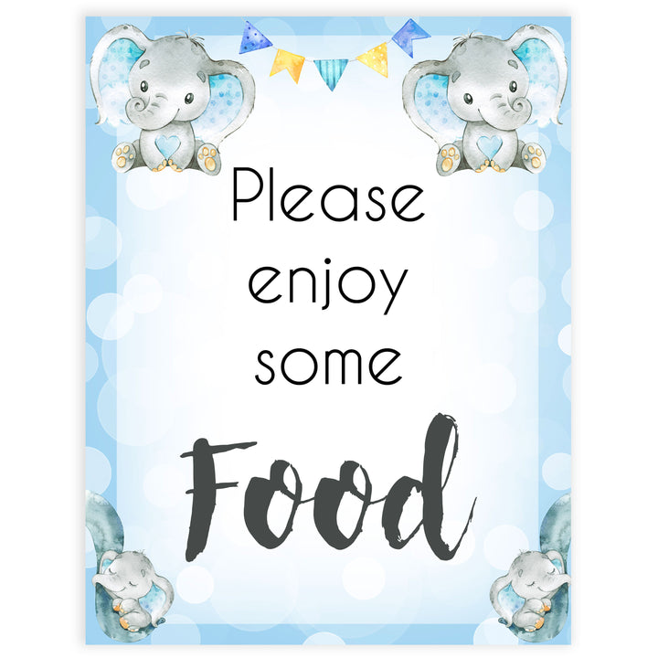 food baby table signs, food baby signs, Blue elephant baby decor, printable baby table signs, printable baby decor, blue table signs, fun baby signs, fun baby table signs