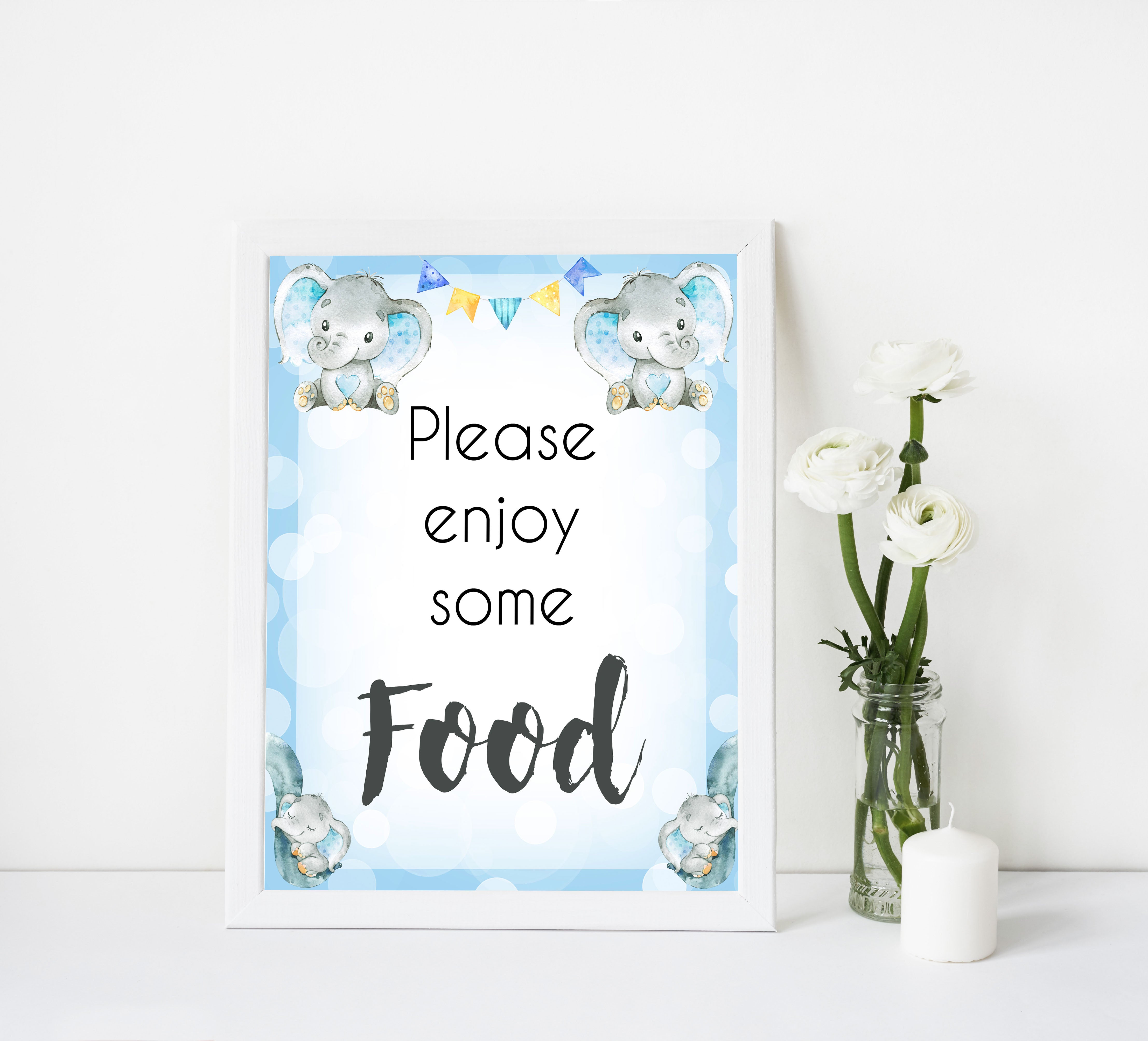 food baby table signs, food baby signs, Blue elephant baby decor, printable baby table signs, printable baby decor, blue table signs, fun baby signs, fun baby table signs