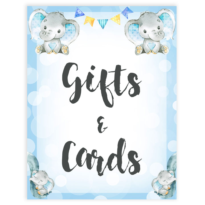 gift and cards baby table signs, gifts and cards baby signs, Blue elephant baby decor, printable baby table signs, printable baby decor, blue table signs, fun baby signs, fun baby table signs