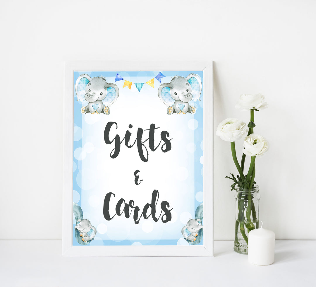 gift and cards baby table signs, gifts and cards baby signs, Blue elephant baby decor, printable baby table signs, printable baby decor, blue table signs, fun baby signs, fun baby table signs