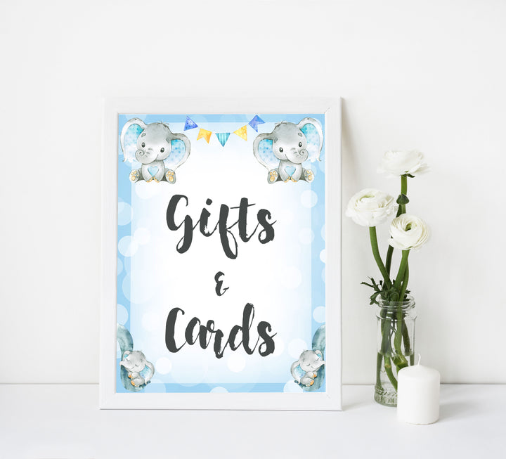 gift and cards baby table signs, gifts and cards baby signs, Blue elephant baby decor, printable baby table signs, printable baby decor, blue table signs, fun baby signs, fun baby table signs