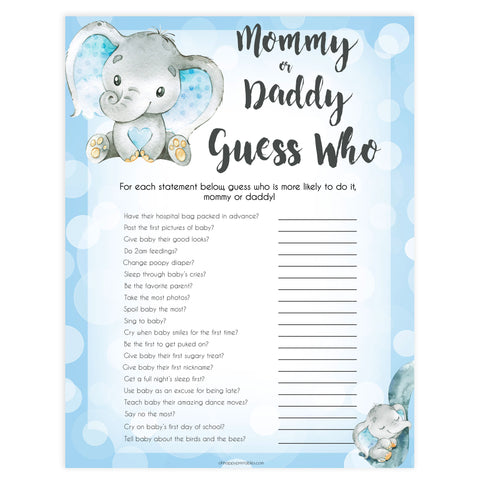 Blue elephant baby games, mommy or daddy guess who game, elephant baby games, printable baby games, top baby games, best baby shower games, baby shower ideas, fun baby games, elephant baby shower