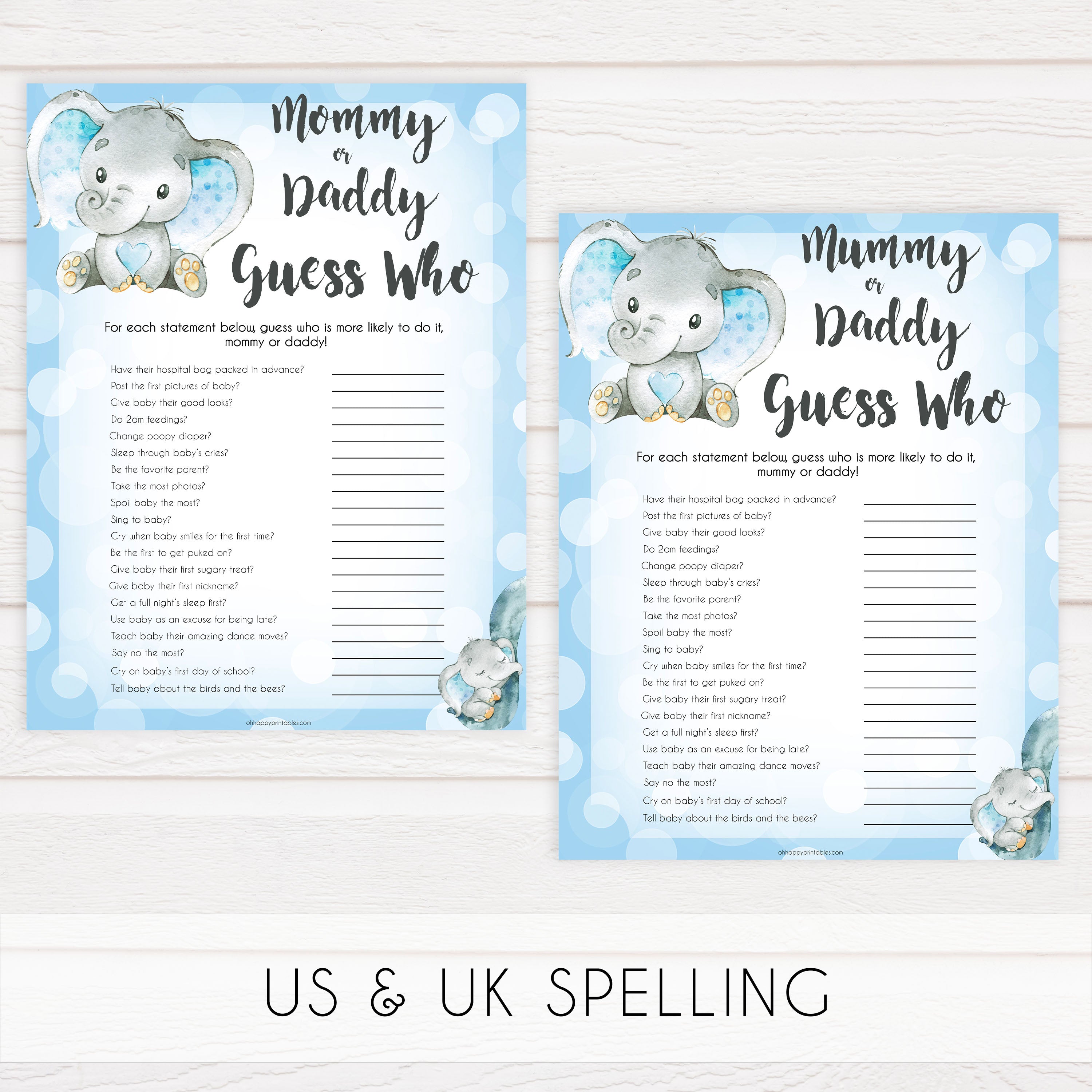 Blue elephant baby games, mommy or daddy guess who game, elephant baby games, printable baby games, top baby games, best baby shower games, baby shower ideas, fun baby games, elephant baby shower