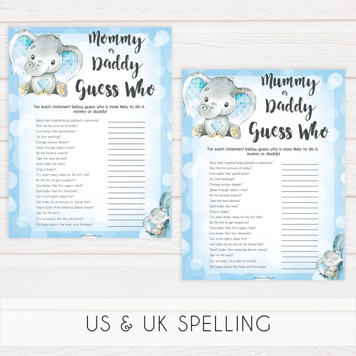 Blue elephant baby games, mommy or daddy guess who game, elephant baby games, printable baby games, top baby games, best baby shower games, baby shower ideas, fun baby games, elephant baby shower